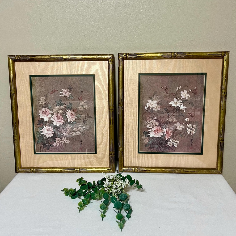 Vintage Chinese Floral Art Prints in Gold Bamboo-Style Frame | Set of 2
